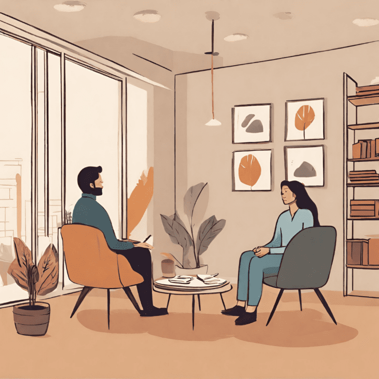 A therapist and client sitting in a comfortable office, talking to each other. The therapist is listening attentively, and the client is speaking openly and honestly. The image is warm and inviting, and it conveys a sense of trust and safety.